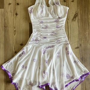 Y2K Vintage Taboo Floral Halter Dress with Purple Accents